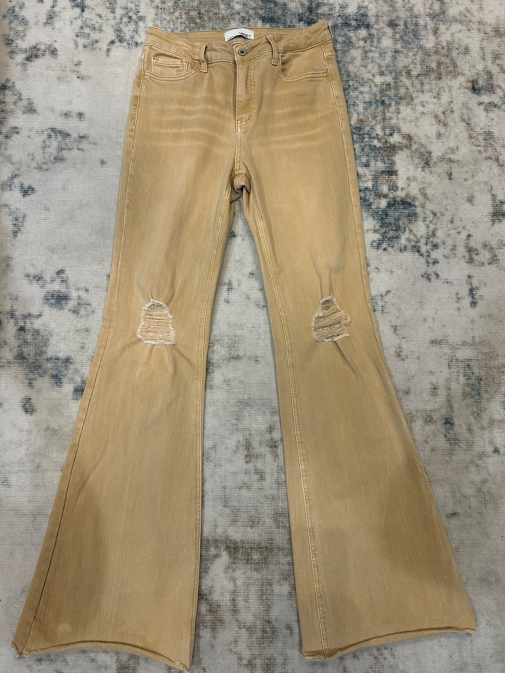 VINT High-Rise Flare Jeans in Washed Tan with Knee Distress - Picture 4 of 4